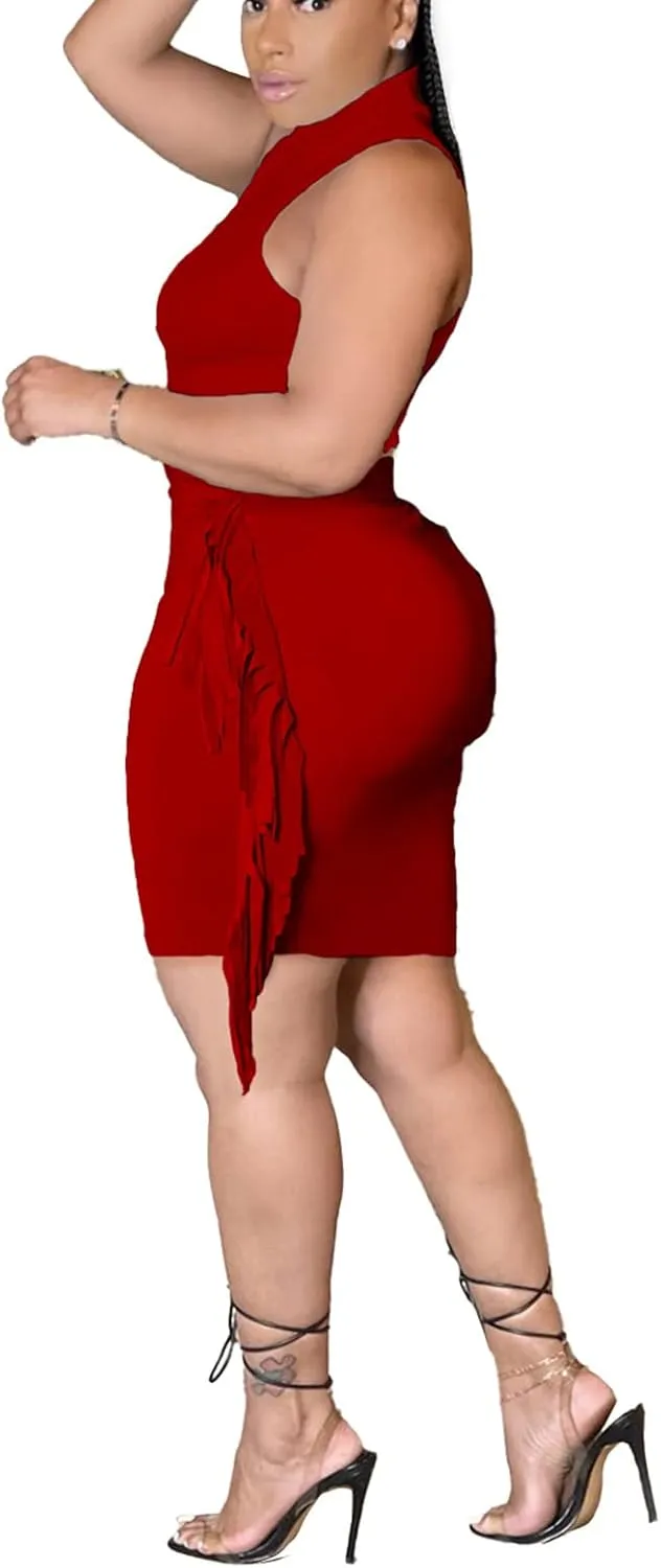 Bluewolfsea Women Casual 2 Piece Outfits Bodycon Dress Summer Sleeveless Tank Tops Side Tassel Midi Skirt Set