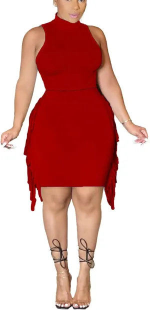 Bluewolfsea Women Casual 2 Piece Outfits Bodycon Dress Summer Sleeveless Tank Tops Side Tassel Midi Skirt Set