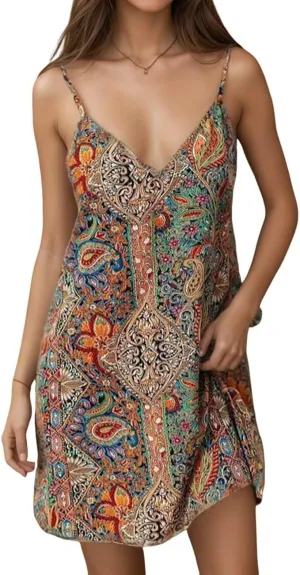 Boho Tropical Dress Womens Cute Floral Spaghetti Strap Casual Printed Dress Trendy Summer Beach Vacation Sundresses