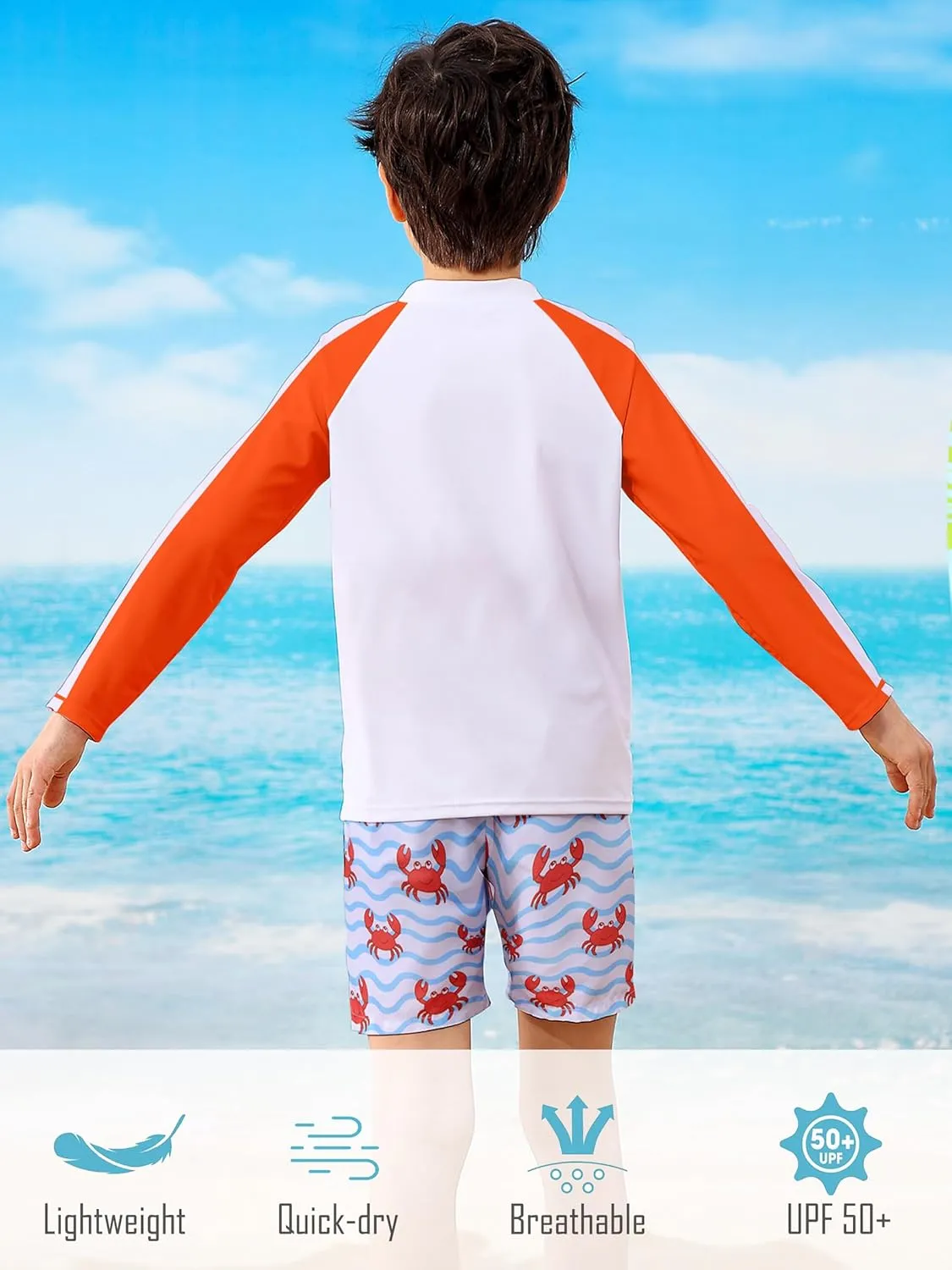 Boys Two Piece Swim Set Zipper Rash Guard Swimsuits Long Sleeve Bathing Suit for 4-12 Years