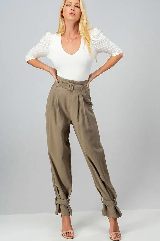 Buckle Me Up Pegged Belted Pants - Olive