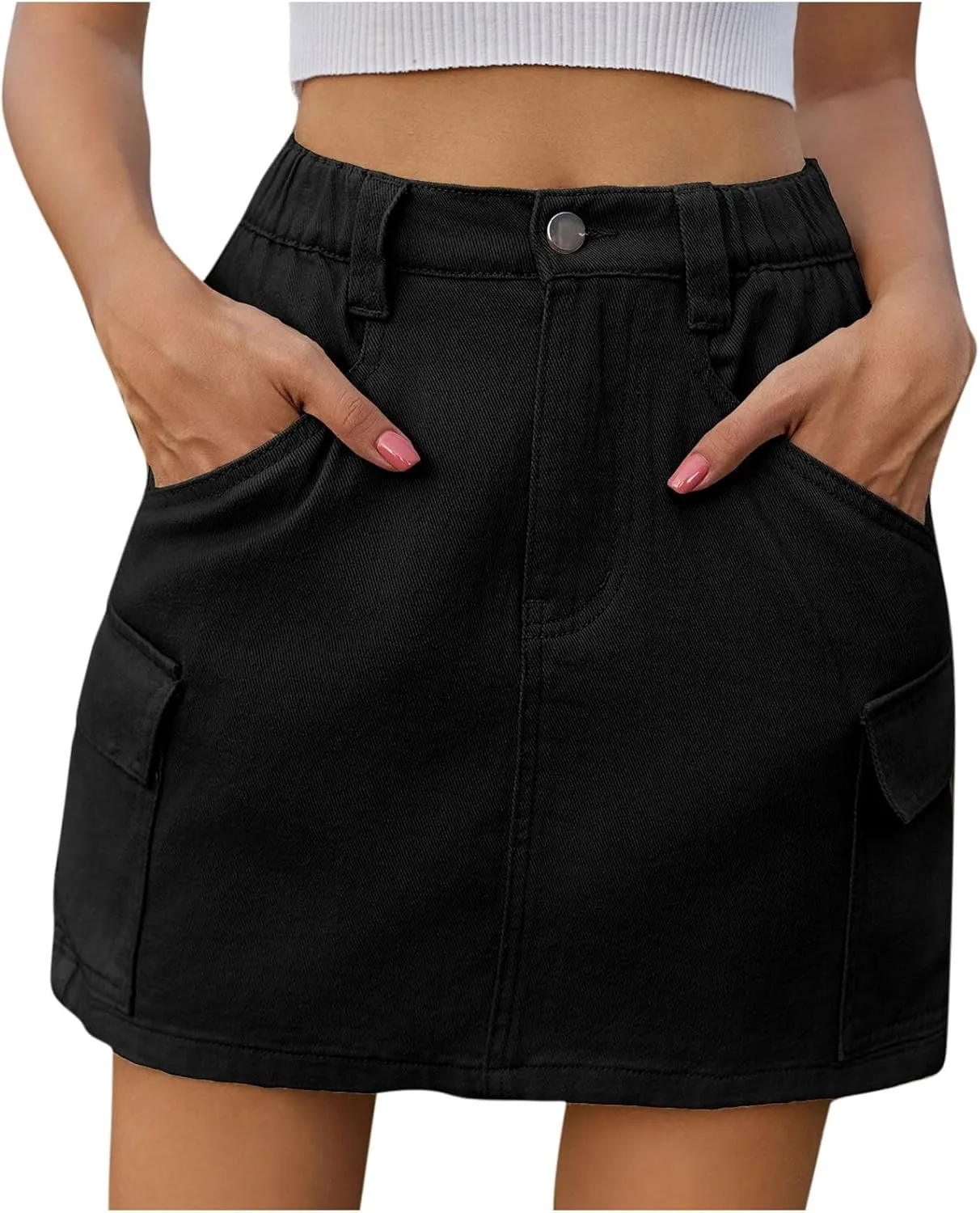 Cargo Skirt for Women High Waisted Button Mini Jean Skirt with Flap Pocket, Trendy Summer Bodycon Denim Short Skirts