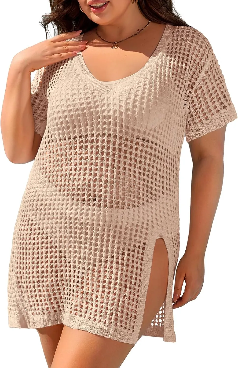 Charmo Plus Size Swimsuit Coverup for Women Side Split Crochet Beach Cover Ups Swimwear Short Sleeve Bathing Suit