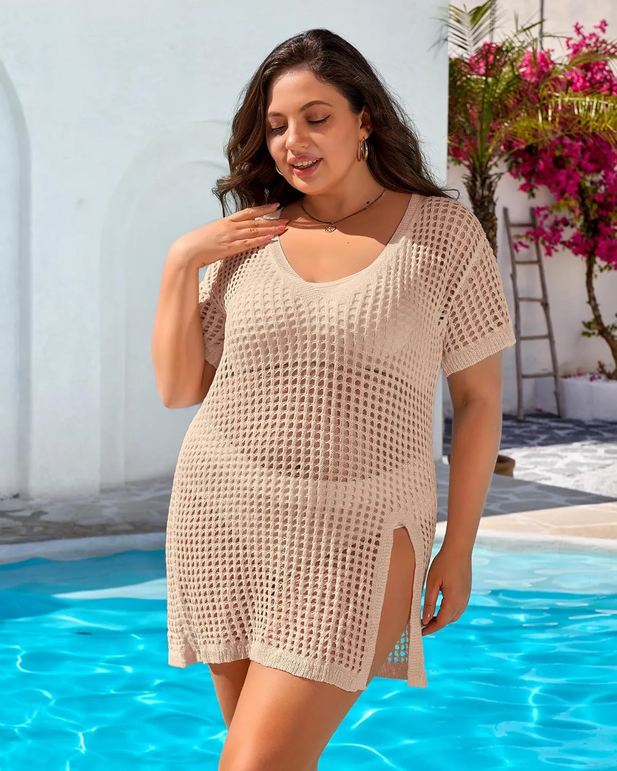 Charmo Plus Size Swimsuit Coverup for Women Side Split Crochet Beach Cover Ups Swimwear Short Sleeve Bathing Suit