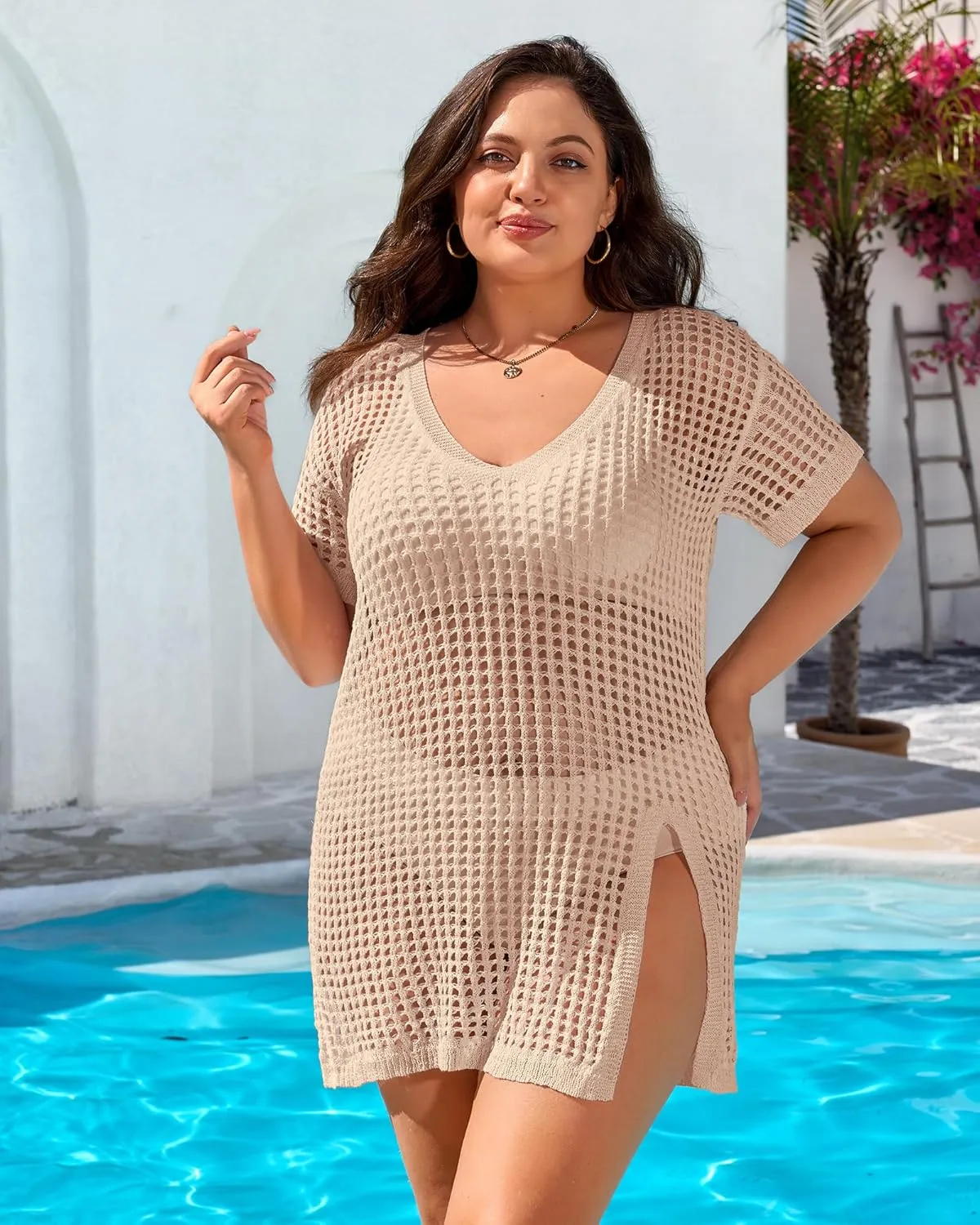 Charmo Plus Size Swimsuit Coverup for Women Side Split Crochet Beach Cover Ups Swimwear Short Sleeve Bathing Suit