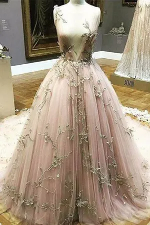Chic A Line Lace Deep V Neck Appliques Long Prom Dress PFP0186