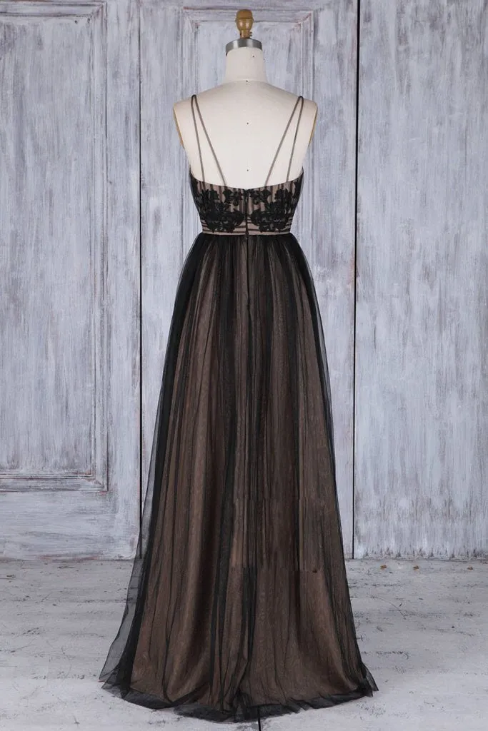 Chic Black Long Straps Tulle A Line Prom Dress,Evening Dresses PFP0374