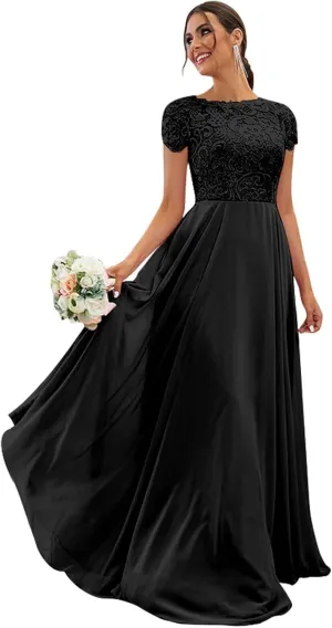 Chiffon Lace Bridesmaid Dresses for Women Long Ruffle Elegant Formal Evening Gown with Pockets