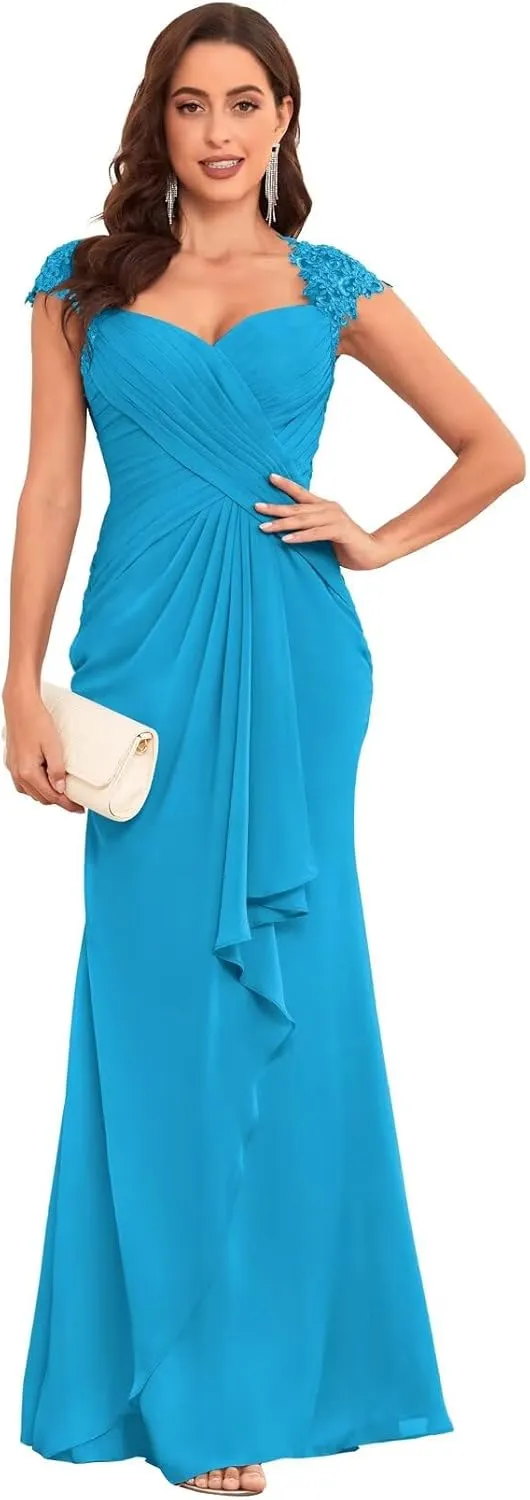 Chiffon Mermaid Mother of The Bride Dresses for Wedding Long Lace Pleated Ruffle Formal Evening Dress