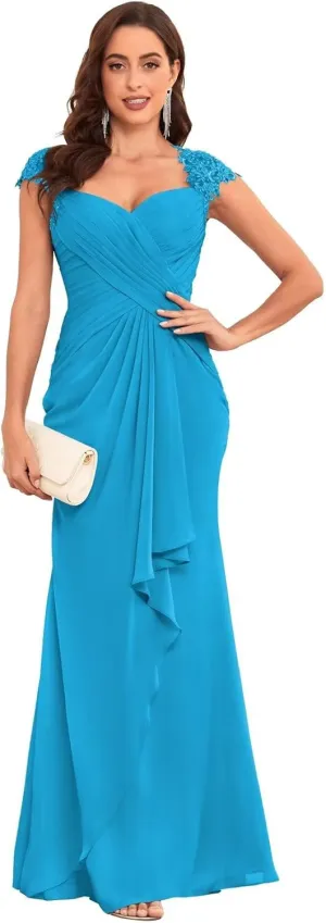 Chiffon Mermaid Mother of The Bride Dresses for Wedding Long Lace Pleated Ruffle Formal Evening Dress