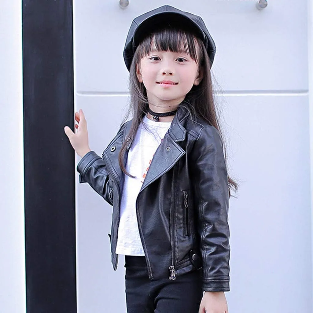 Children's Jacket Girl Boy Motorcycle Jacket Kid Outwear Solid Color Zipper Crop Coat Winter Coat Leather Windbreaker