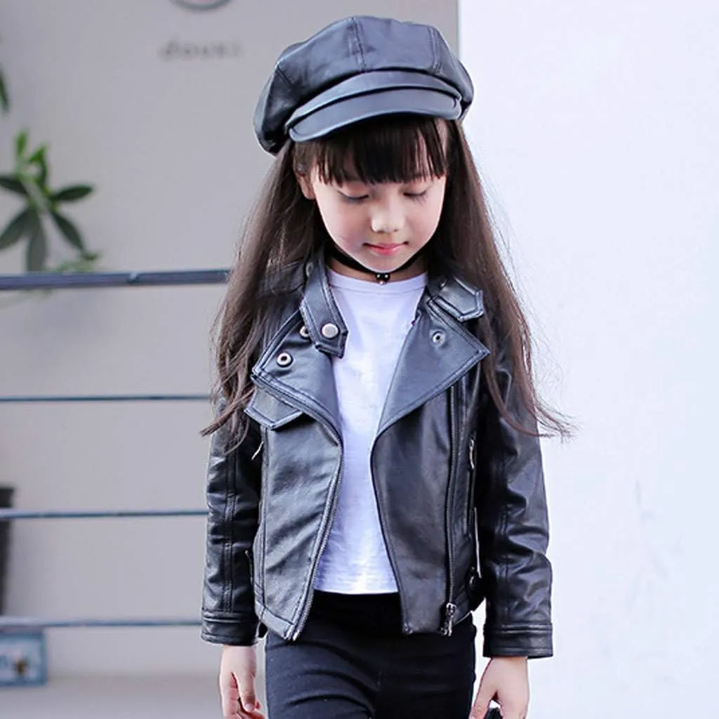 Children's Jacket Girl Boy Motorcycle Jacket Kid Outwear Solid Color Zipper Crop Coat Winter Coat Leather Windbreaker