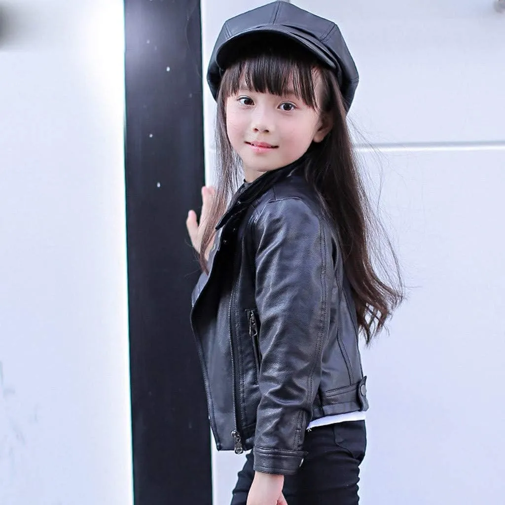 Children's Jacket Girl Boy Motorcycle Jacket Kid Outwear Solid Color Zipper Crop Coat Winter Coat Leather Windbreaker