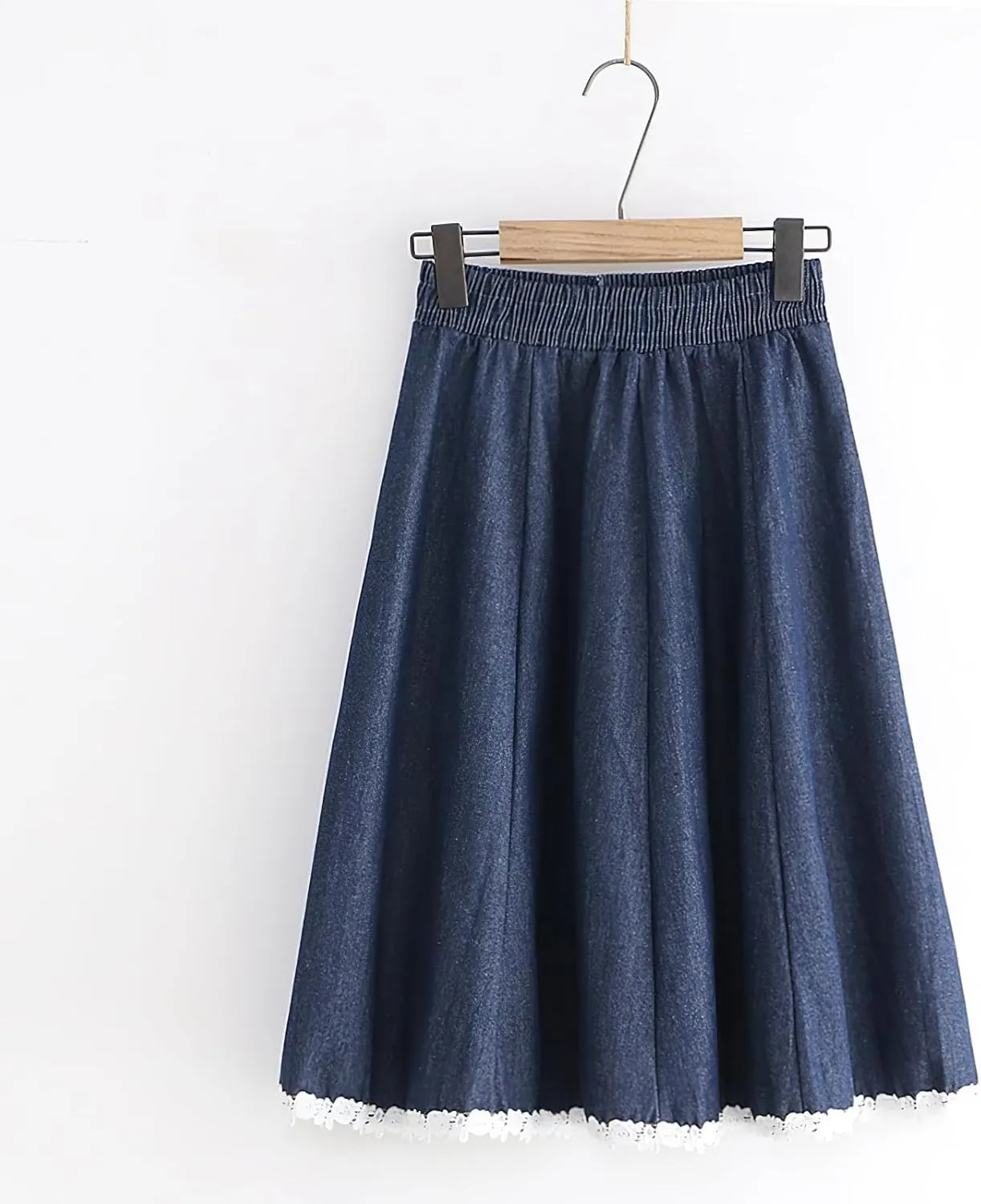 chouyatou Women's Casual Elastic Waist Denim A-Line Skirt Color Block Lace Hem Pleated Swing Jean Midi Skirt