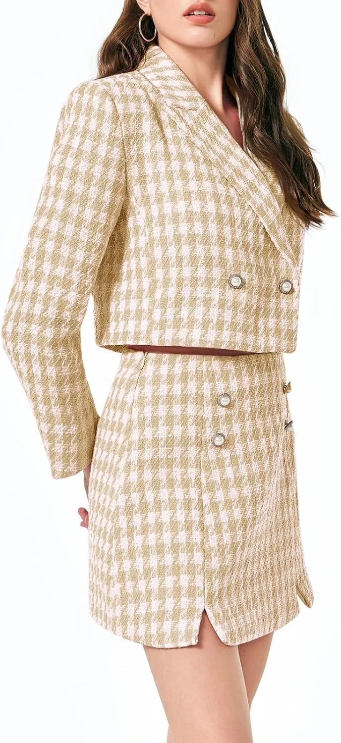 Cicy Bell Womens Cropped Tweed Blazer Sets 2 Piece Outfits and Mini Skirt Sets Business Casual Suits