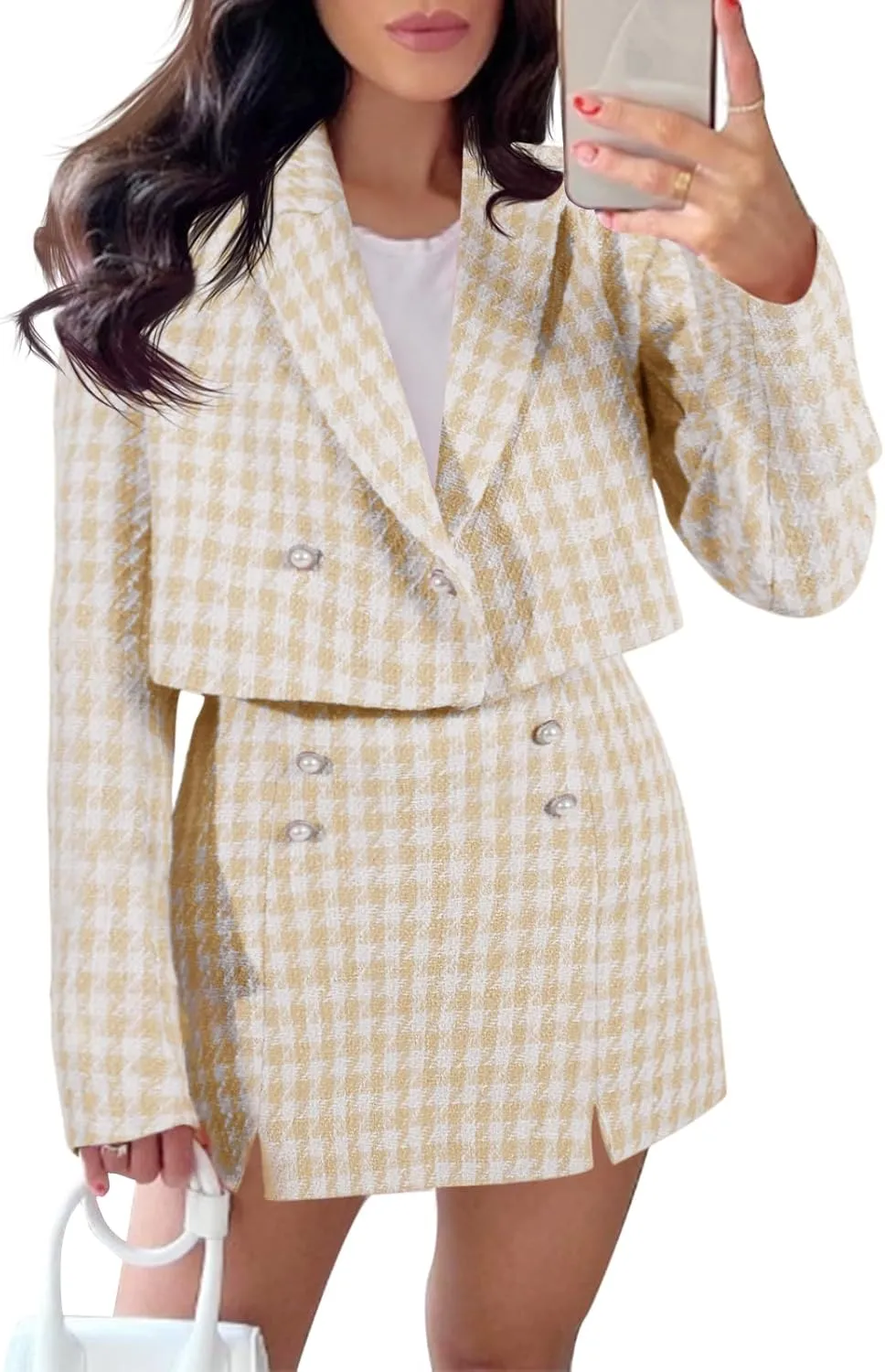 Cicy Bell Womens Cropped Tweed Blazer Sets 2 Piece Outfits and Mini Skirt Sets Business Casual Suits