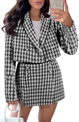 Cicy Bell Womens Cropped Tweed Blazer Sets 2 Piece Outfits and Mini Skirt Sets Business Casual Suits