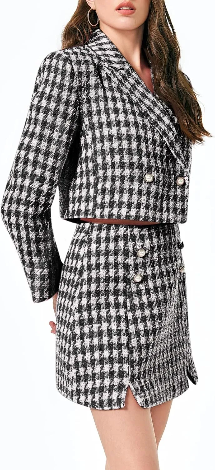 Cicy Bell Womens Cropped Tweed Blazer Sets 2 Piece Outfits and Mini Skirt Sets Business Casual Suits