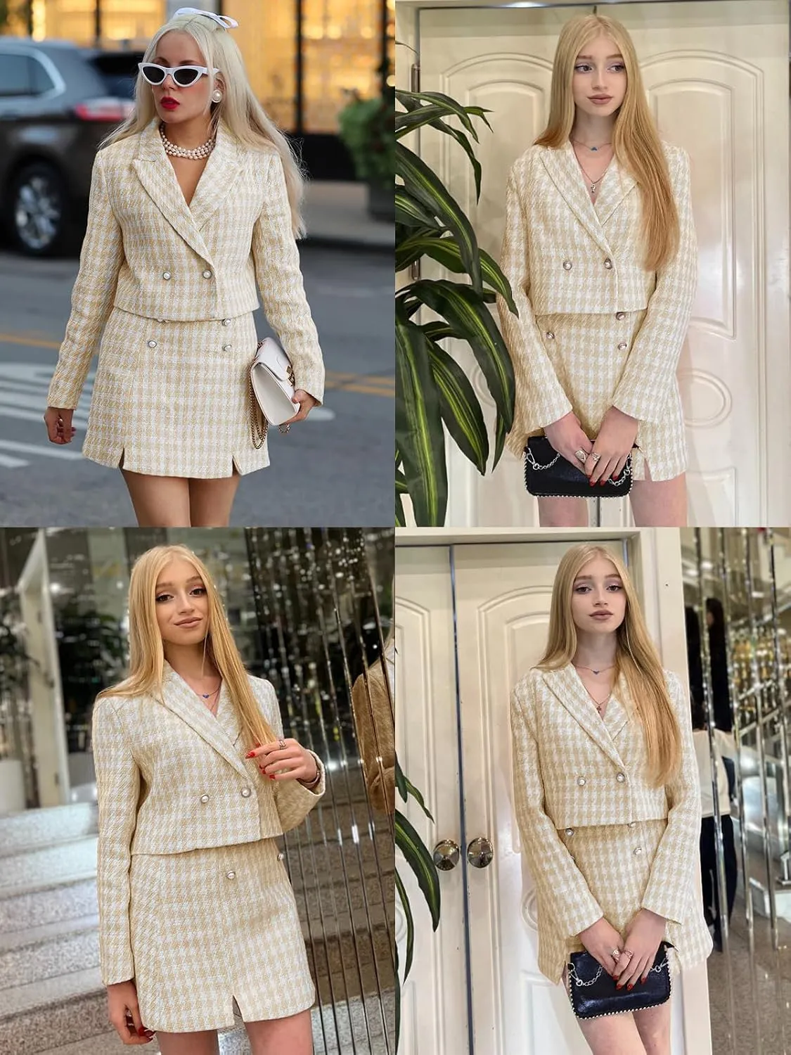Cicy Bell Womens Cropped Tweed Blazer Sets 2 Piece Outfits and Mini Skirt Sets Business Casual Suits