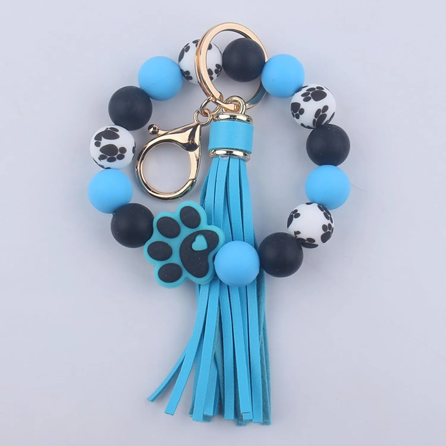 Claw Silicone Beaded Bracelet Wrist Keychain, PU Leather Tassel Bangle Car Keychain for Women,Key Ring Wristlet Key Chains