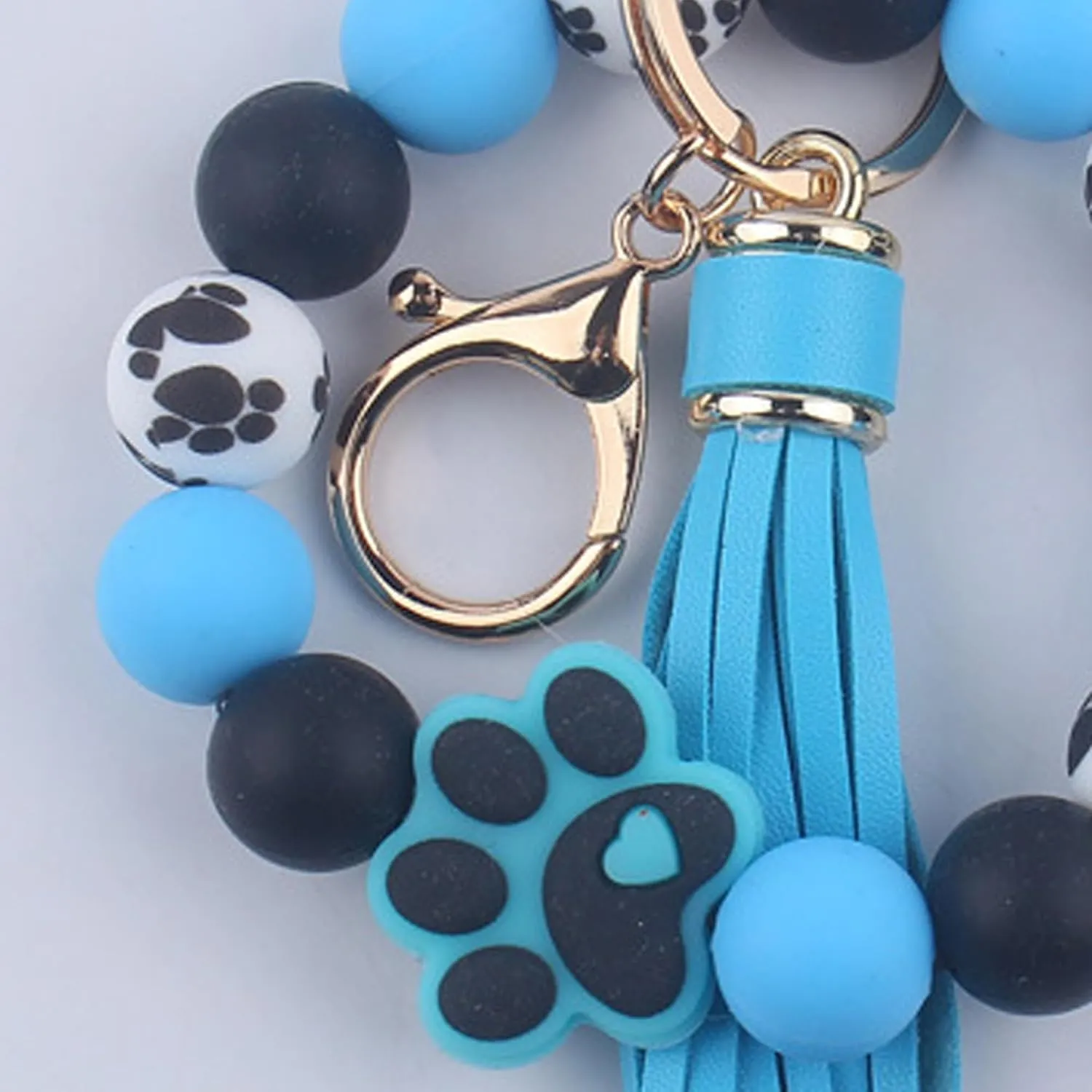 Claw Silicone Beaded Bracelet Wrist Keychain, PU Leather Tassel Bangle Car Keychain for Women,Key Ring Wristlet Key Chains