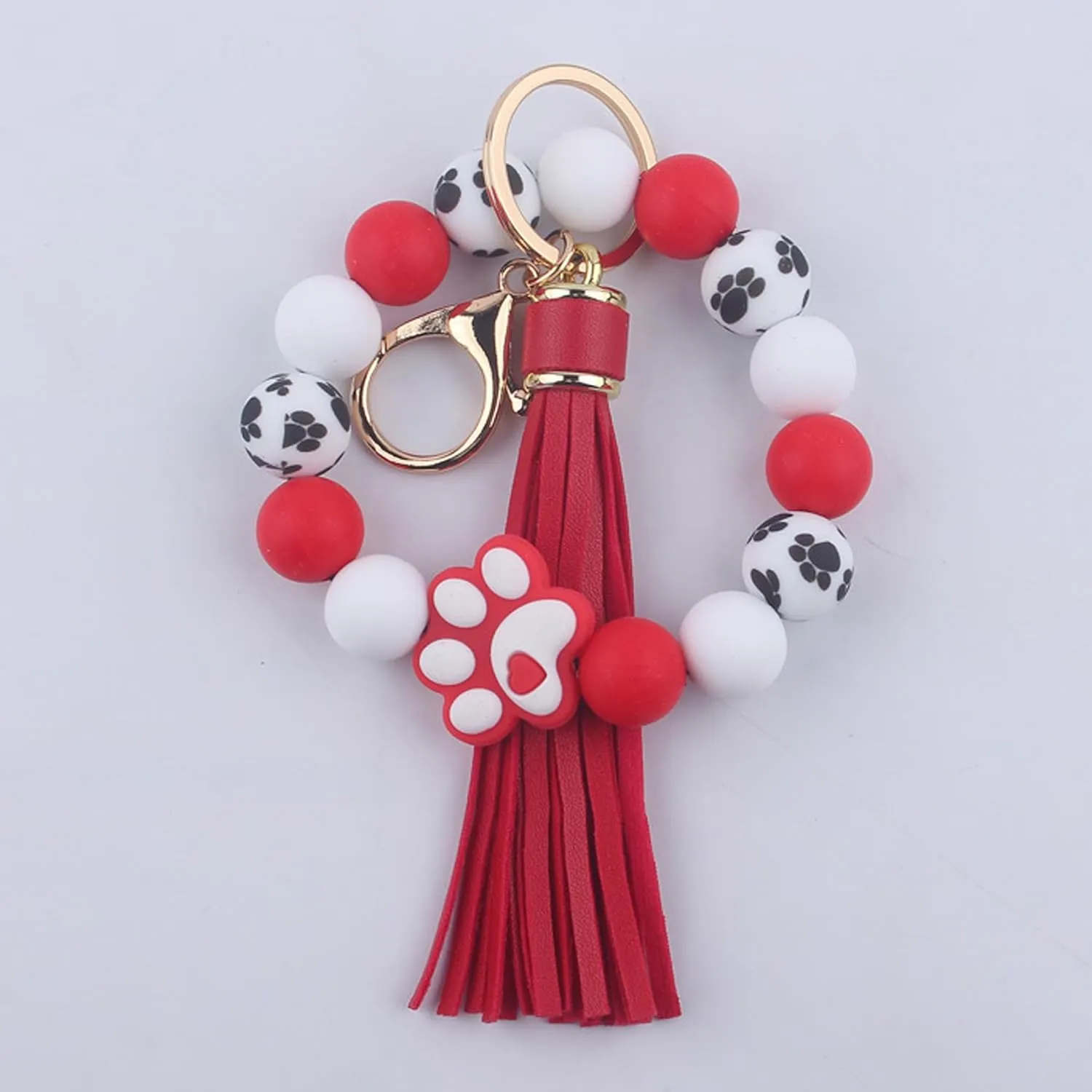 Claw Silicone Beaded Bracelet Wrist Keychain, PU Leather Tassel Bangle Car Keychain for Women,Key Ring Wristlet Key Chains