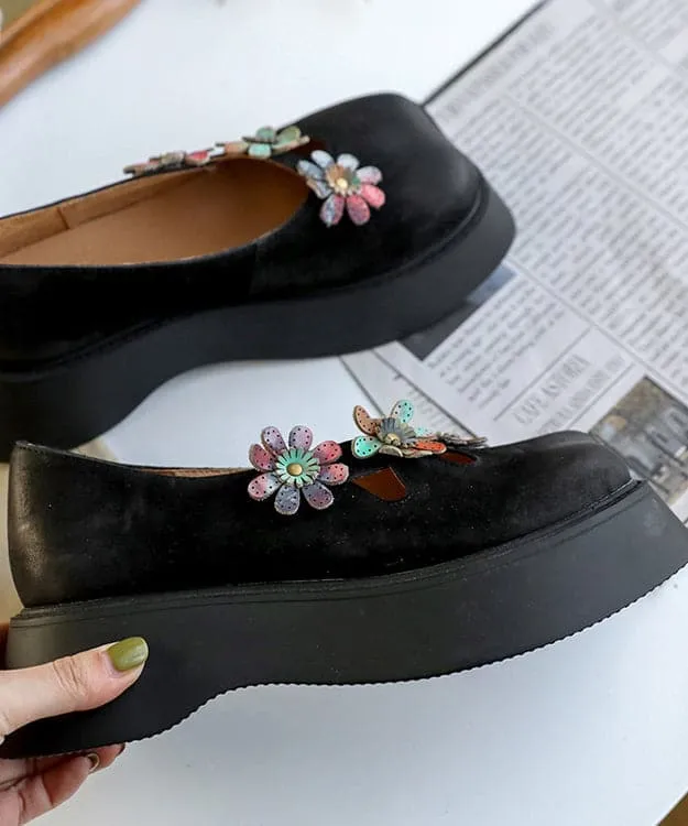 Coffee Flat Feet Shoes Platform Cowhide Leather Unique Floral Flat Shoes