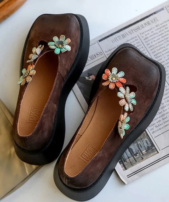 Coffee Flat Feet Shoes Platform Cowhide Leather Unique Floral Flat Shoes
