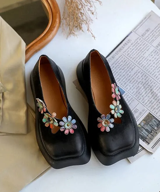 Coffee Flat Feet Shoes Platform Cowhide Leather Unique Floral Flat Shoes