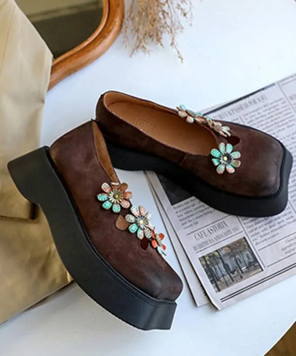 Coffee Flat Feet Shoes Platform Cowhide Leather Unique Floral Flat Shoes