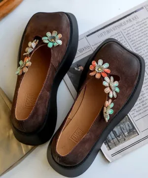 Coffee Flat Feet Shoes Platform Cowhide Leather Unique Floral Flat Shoes