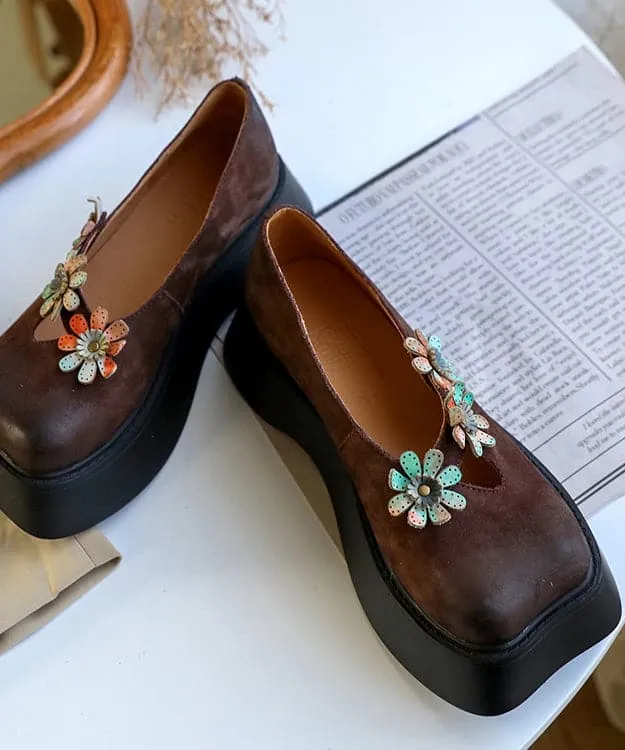 Coffee Flat Feet Shoes Platform Cowhide Leather Unique Floral Flat Shoes