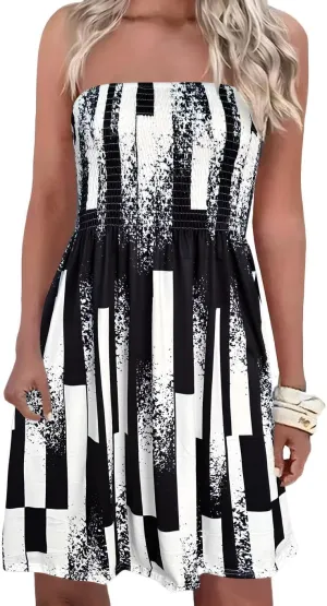 Comeon Women Off Shoulder Strapless Sleeveless Tube Top Dress Floral Summer Beach Coverup Flowy Midi Dress