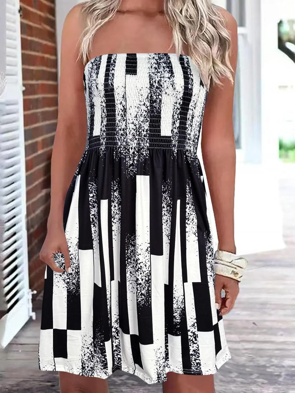 Comeon Women Off Shoulder Strapless Sleeveless Tube Top Dress Floral Summer Beach Coverup Flowy Midi Dress