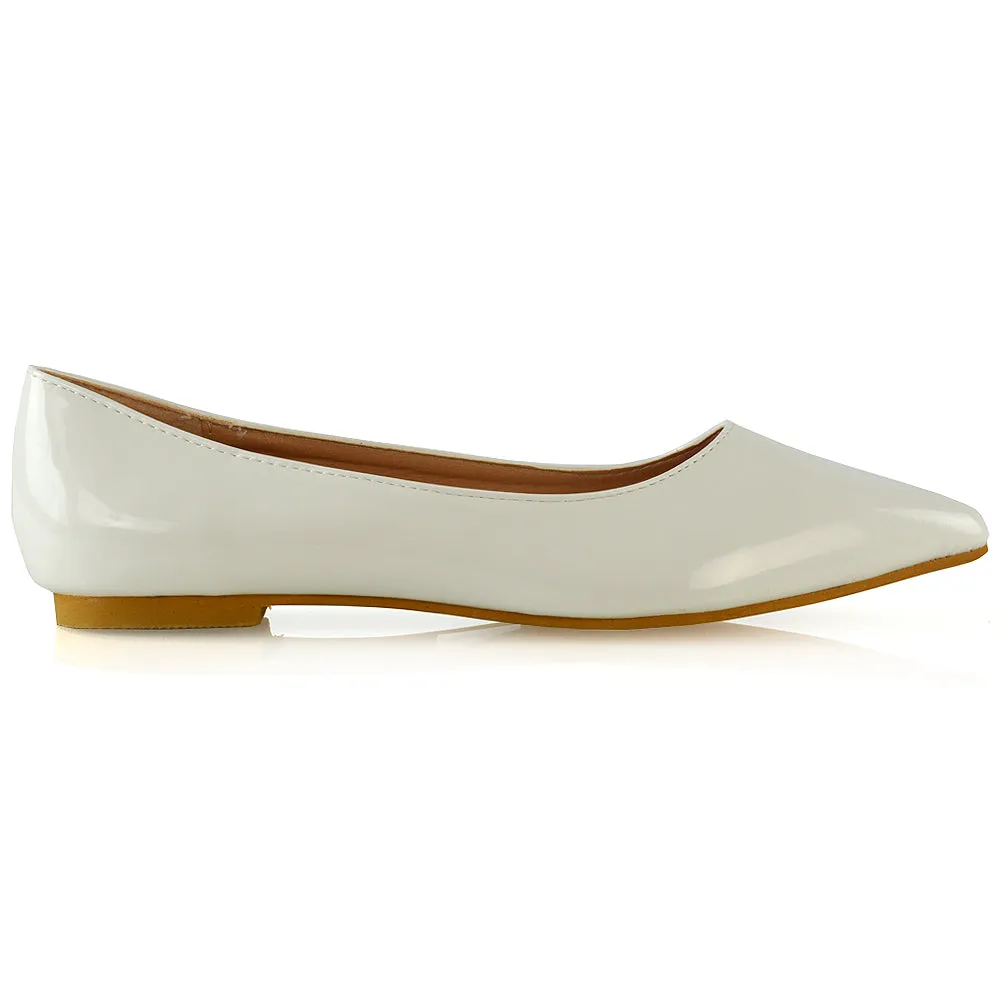 Cordelia Slip on Pointed Toe Flat Ballerina Pump Shoes In White Patent