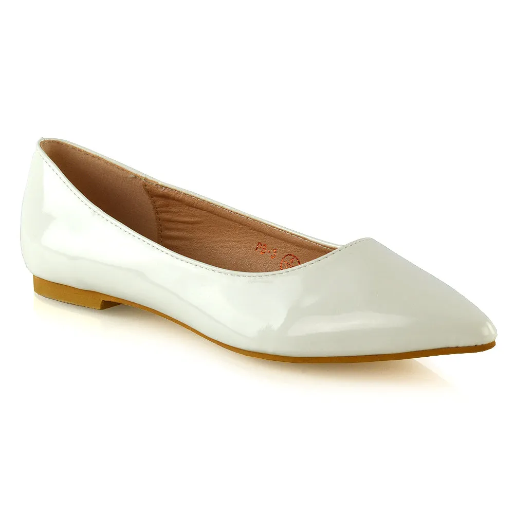 Cordelia Slip on Pointed Toe Flat Ballerina Pump Shoes In White Patent