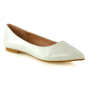 Cordelia Slip on Pointed Toe Flat Ballerina Pump Shoes In White Patent