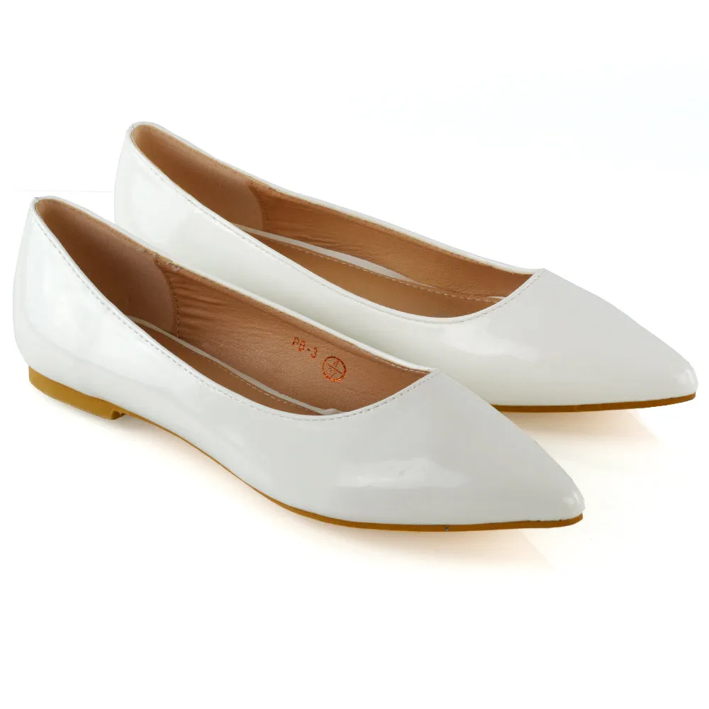 Cordelia Slip on Pointed Toe Flat Ballerina Pump Shoes In White Patent