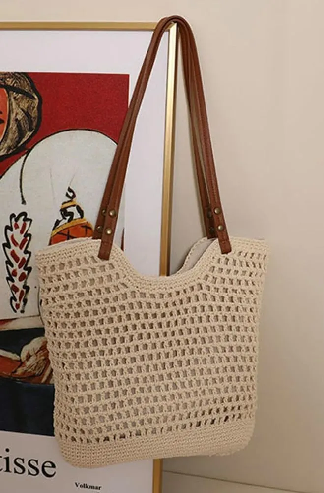 Crochet Mesh Tote Bag for Women Cotton Mesh Hollow Hobo Bag Summer Woven Beach Bag