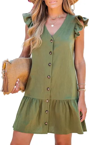CUPSHE Women's Ruffled Trim Button-Front Mini Dress Sleeveless Mini Dresses Casual Summer