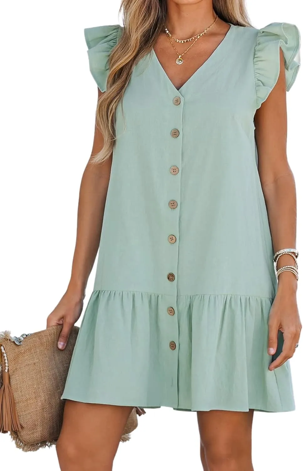 CUPSHE Women's Ruffled Trim Button-Front Mini Dress Sleeveless Mini Dresses Casual Summer