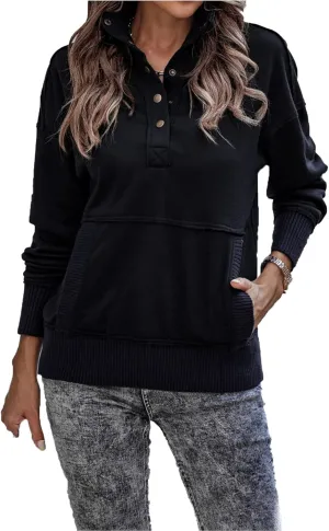 DGHM-JLMY Women's Button Fashion Street Sweater Long Sleeve Oversized Hooded Sweatshirt With Pockets Henley Hoodies Pullover