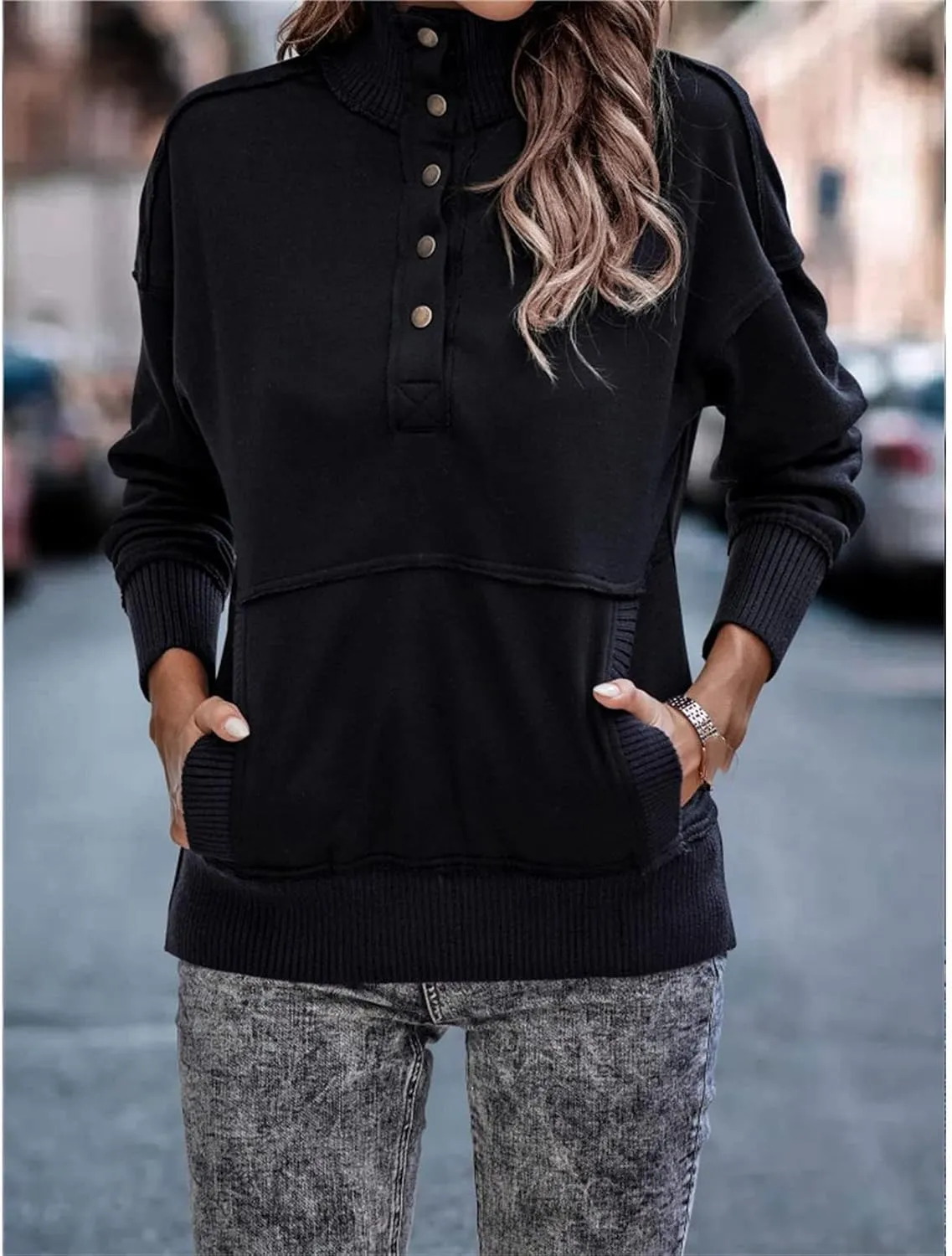 DGHM-JLMY Women's Button Fashion Street Sweater Long Sleeve Oversized Hooded Sweatshirt With Pockets Henley Hoodies Pullover