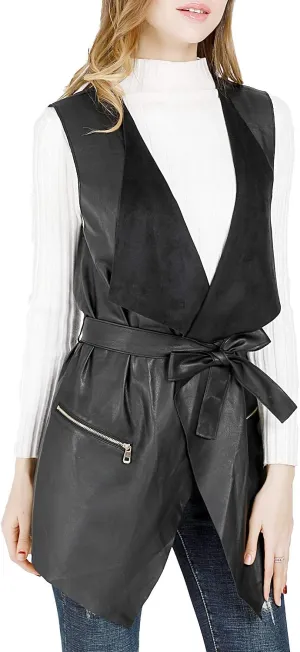 DIASHINY Faux Leather Vest For Women Long Lapel Sleeveless Drape Open Front PU Cardigan