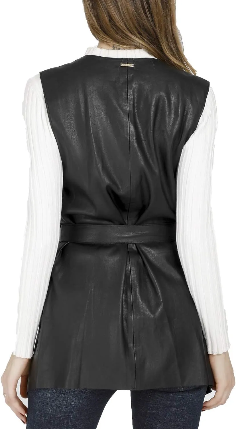 DIASHINY Faux Leather Vest For Women Long Lapel Sleeveless Drape Open Front PU Cardigan