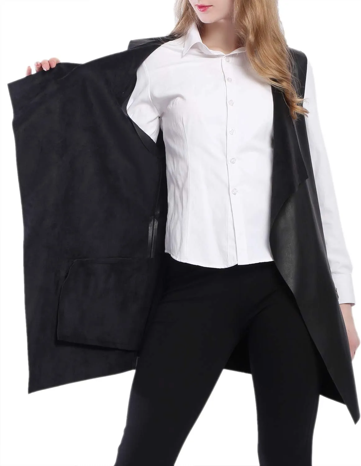 DIASHINY Faux Leather Vest For Women Long Lapel Sleeveless Drape Open Front PU Cardigan