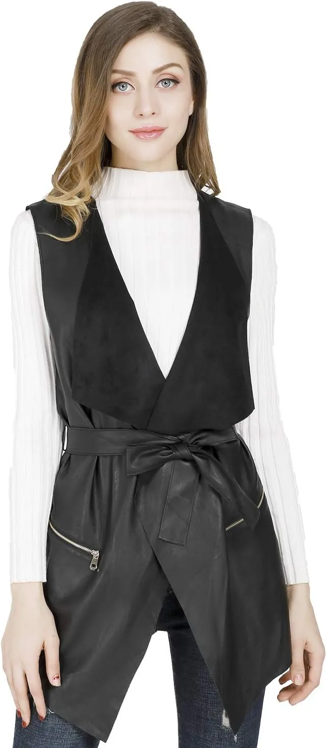 DIASHINY Faux Leather Vest For Women Long Lapel Sleeveless Drape Open Front PU Cardigan