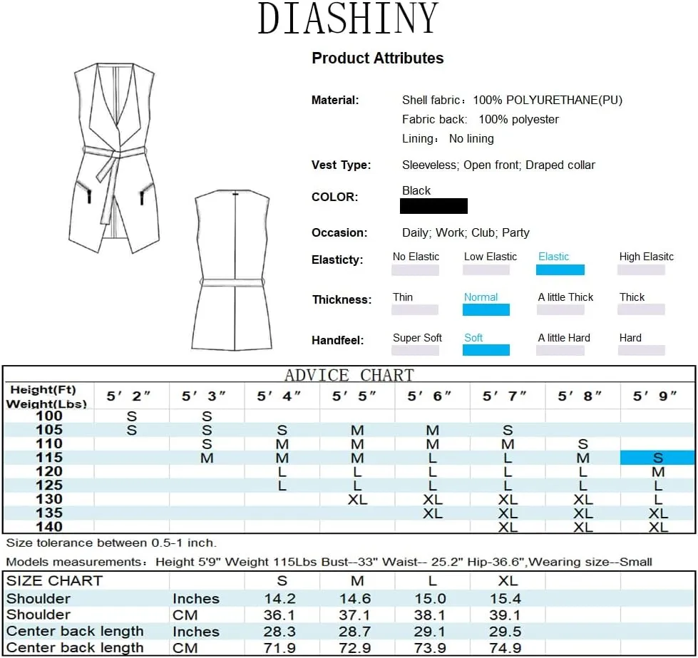 DIASHINY Faux Leather Vest For Women Long Lapel Sleeveless Drape Open Front PU Cardigan