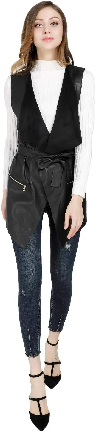 DIASHINY Faux Leather Vest For Women Long Lapel Sleeveless Drape Open Front PU Cardigan