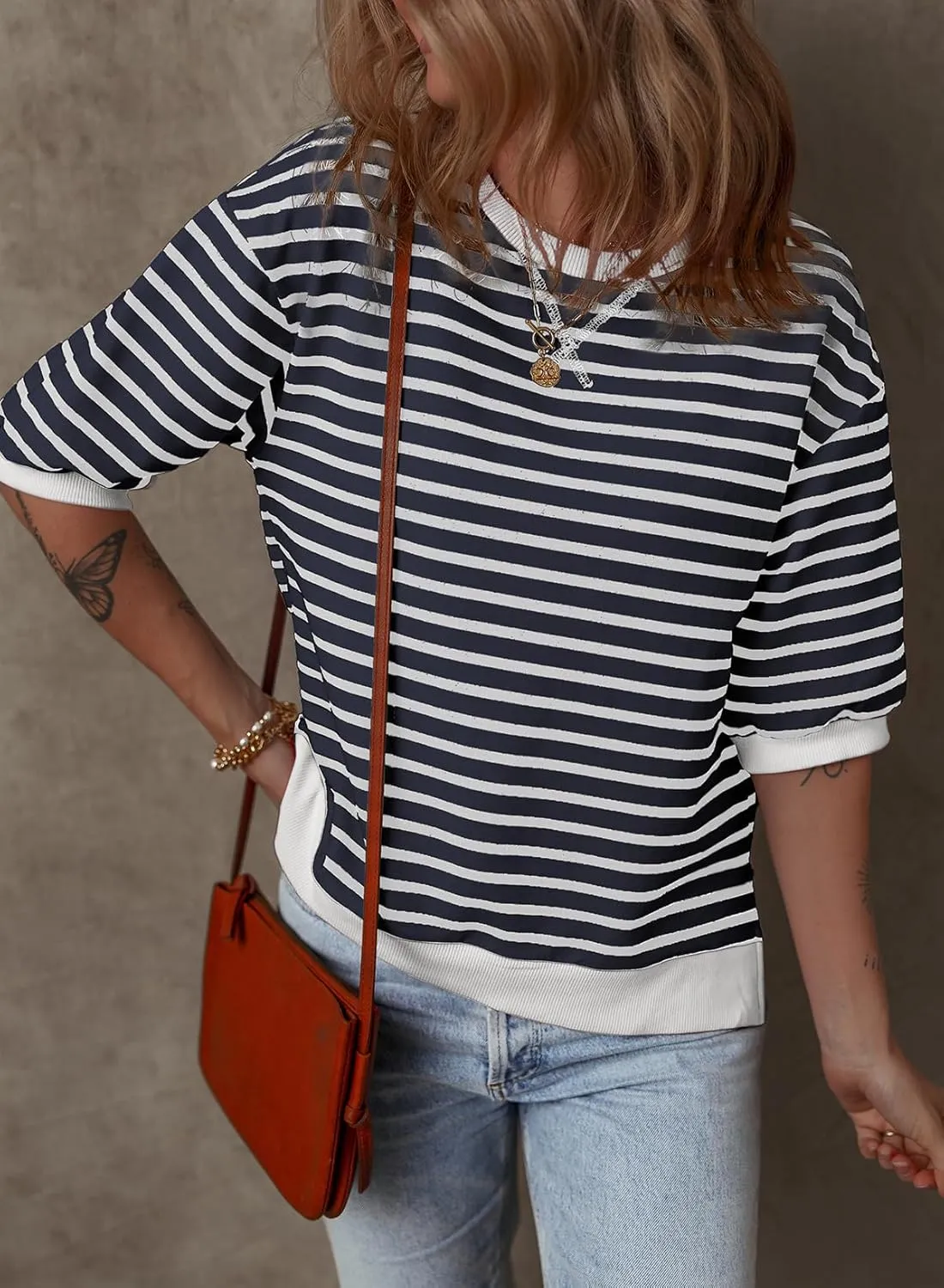 Dokotoo Sweatshirt for Women Fashion Summer Tops Striped Casual Color Block T Shirt Casual Pullover